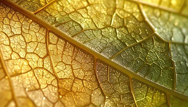 A macro shot reveals the intricate vein patterns and cellular structure of a backlit leaf illuminated by soft golden light highlighting details. photo