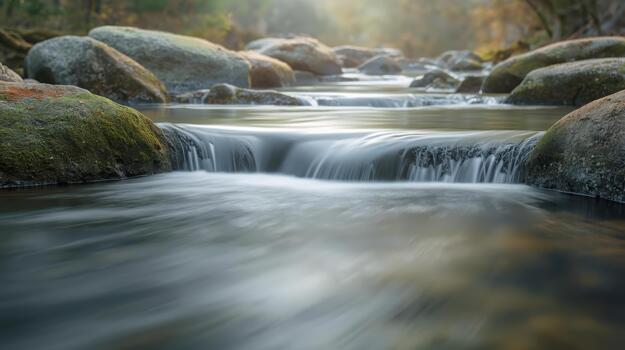 A long exposure shot of a serene flowing river cascading over rocks with natural light filte through the surrounding forest canopy. photo