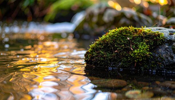 Close up of a moss covered rock in a stream with reflections of golden sunlight creating abstract patterns on the water's surface quietly. photo
