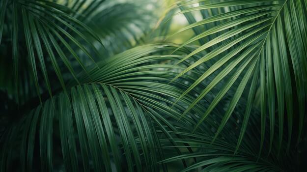 Lush green palm fronds create a tropical ambiance with their intricate patterns and textures in a natural and vibrant botanical setting. photo