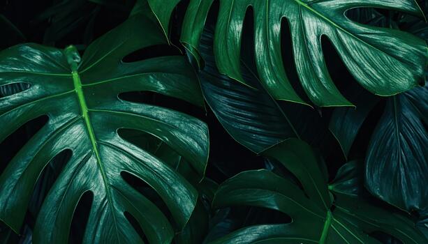Vivid close up captures the intricate details of lush green monstera leaves creating a textured and vibrant natural backdrop perfectly. photo