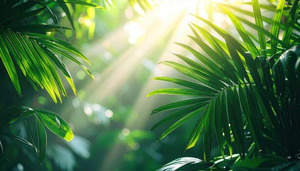 Sunlight filters through lush green tropical palm leaves, creating a serene and vibrant atmosphere in the dense jungle foliage below. photo