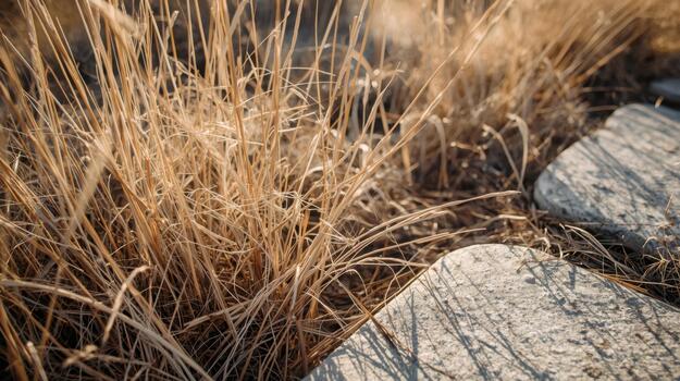 Golden dry grass growing beside rough stone path with sunlight creating shadows on the ground in a peaceful outdoor setting. photo