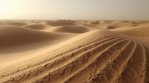 Undulating sand dunes with visible tire tracks create a textured landscape under a hazy sky in the vast expanse of the desert environment. photo