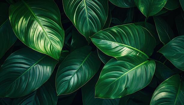 Lush vibrant green tropical leaves create a calming natural background with beautiful contrasting textures and deep shadows in a botanical display. photo