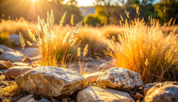Golden sunlight illuminates tall grass and smooth stones in a peaceful autumn meadow landscape with a soft, blurred background scenery. photo