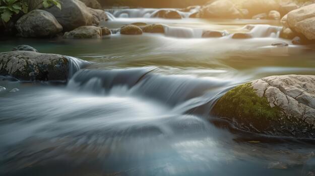 Serene river flows gently over rocks covered in moss creating a calming scenic view with sunlight in a peaceful natural landscape setting. photo