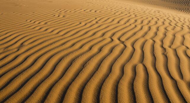 Golden sand ripples create a mesmerizing pattern across the desert landscape on a sunny day, displaying natures beautiful abstract artwork. photo