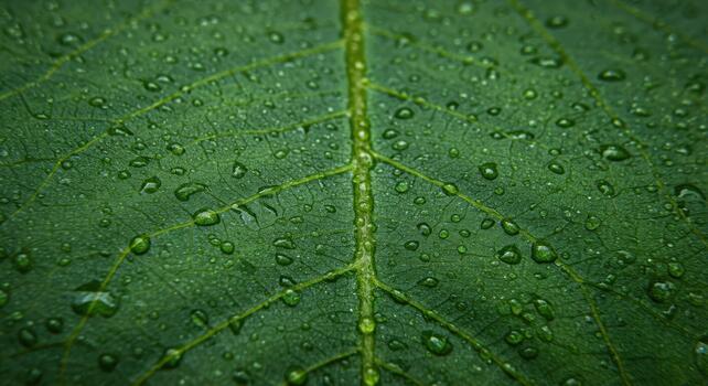 Close up macro shot showcasing glistening water droplets collected on the surface of a vibrant green leaf with detailed veins visible. photo
