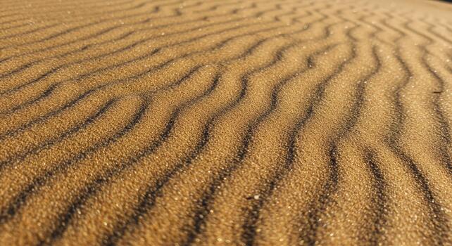 Golden waves of sand shimmer under the desert sun, creating beautiful patterns across the vast expanse of the arid landscape environment. photo