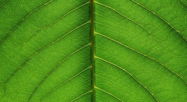 An intricate macro view reveals the vibrant green details and delicate veins of a fresh leaf, highlighting nature's stunning patterns and textures. photo