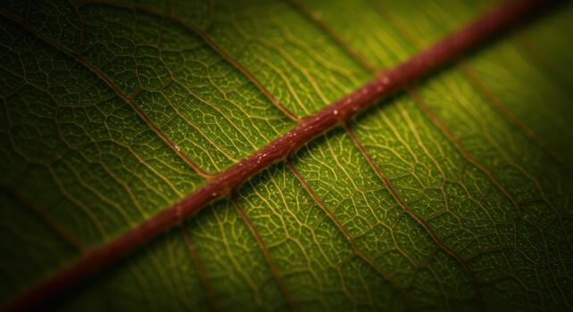 A close-up macro shot highlights the intricate details and vibrant green veins running through the surface of a fresh leaf on a branch. photo