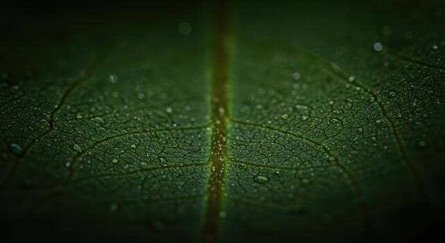 A macro shot showcases a vibrant green leaf with delicate water droplets glistening on its surface in the soft, natural light of day. photo