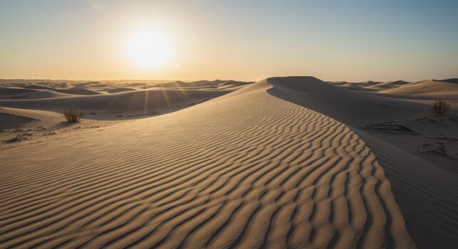 Warm sunset light shines beautifully over the undulating sand dunes creating stunning patterns in the vast desert landscape at twilight hour. photo