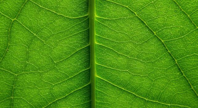 The vibrant green leaf shows an intricate network of veins creating a stunning natural pattern representing life and growth in close-up detail. photo