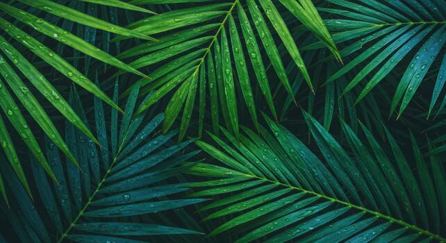 Close up overhead shot features vibrant green palm leaves with refreshing raindrops creating a serene tropical natural background scene today. photo