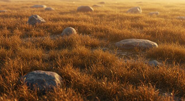 Golden light illuminates a field of dry grass dotted with smooth rocks creating a serene and natural landscape background in the countryside. photo