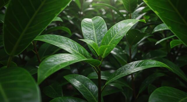 Lush green leaves unfurl in a vibrant display of nature's beauty, illuminated by soft sunlight filte through the dense canopy overhead. photo