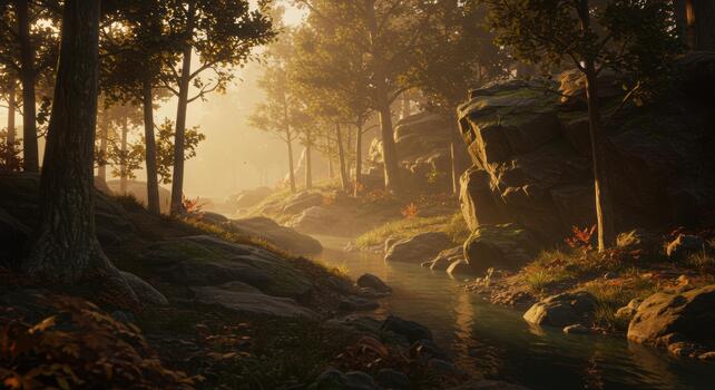 Tranquil stream flows through a lush forest with warm sunlight filte through the trees creating a serene and picturesque landscape scene. photo