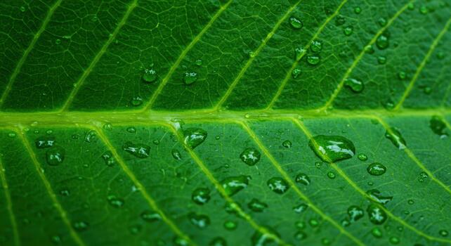 Close up of fresh green leaf with water droplets showing intricate vein patterns glistening in the soft light on a vibrant sp day. photo
