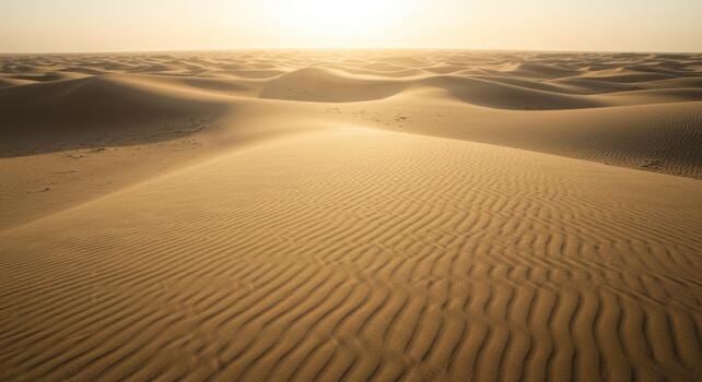 calentar Desierto paisaje a amanecer demostración dorado arena dunas y texturizado patrones, transporte tranquilidad y vastedad en el sereno ambiente. foto