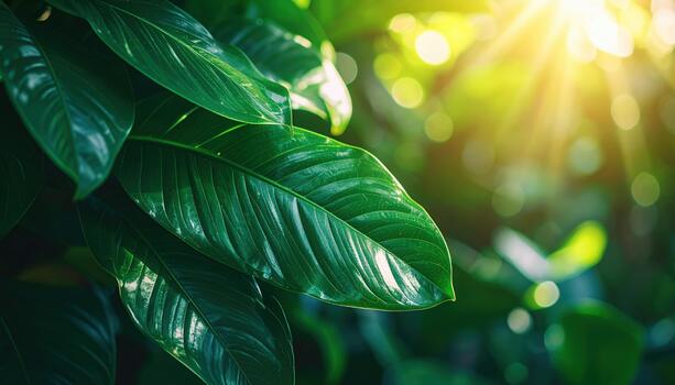 Lush green leaves are bathed in warm sunlight with soft bokeh in a tranquil natural setting creating a refreshing and vibrant scene outdoor. photo