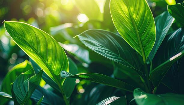 Sunlight streams through fresh green foliage, illuminating the vibrant leaves and creating a peaceful, natural and rejuvenating atmosphere outside. photo
