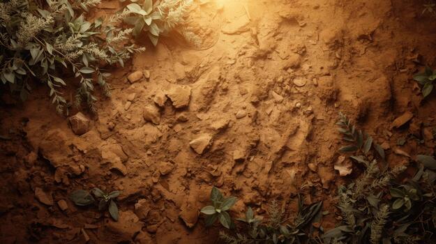 Top view of textured brown earth background with scattered rocks and sparse green plants illuminated by a warm light source above creating contrast. photo