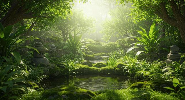 A serene forest path meanders through lush greenery, with sunlight filte through the leaves creating a peaceful and enchanting atmosphere. photo