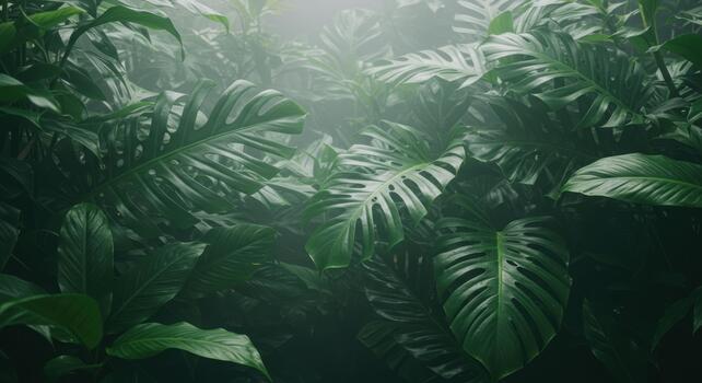 Lush green monstera leaves and tropical foliage create a dense jungle canopy with soft light filte through the mist for a serene backdrop. photo