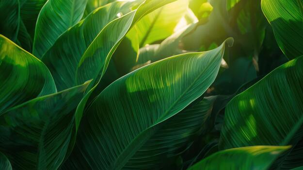 Lush green tropical foliage glistens in the sunlight, creating a vibrant and refreshing natural background in close proximity to a plant. photo