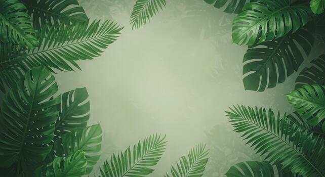 Lush green tropical leaves create a vibrant border against a soft, textured background perfect for adding nature-inspired elements photo