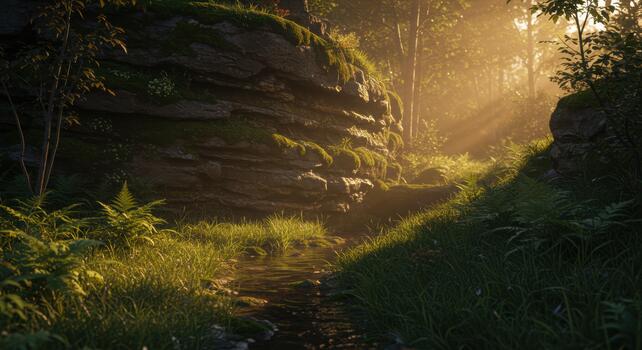 Warm sun rays stream through a tranquil forest landscape illuminating mossy rocks, lush ferns, and a meande path through the green foliage. photo