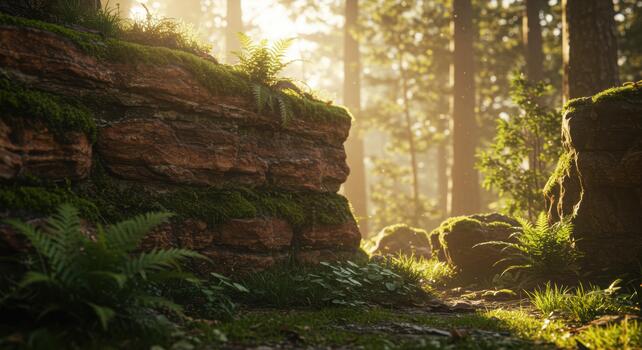 The sunlight shines through the trees illuminating the mossy rock formations in a dense, beautiful forest environment with ferns and undergrowth. photo