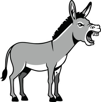 Donkey laughing cartoon character illustration with open mouth showing teeth and expressive eyes in side view style vector