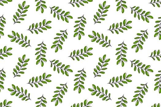 Seamless pattern of green leaves, drawn style. Botanical background of delicate green twigs, spring design for decorating wallpaper, fabrics, clothes. Fresh print of juicy greenery. Elegant pattern. vector