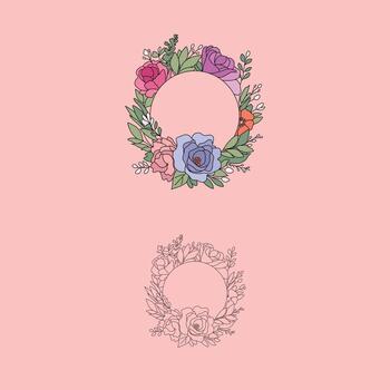 Floral wreath frame featuring colorful roses and greenery, paired with a matching outline version. Perfect for modern decorative designs, invitations, and branding. vector