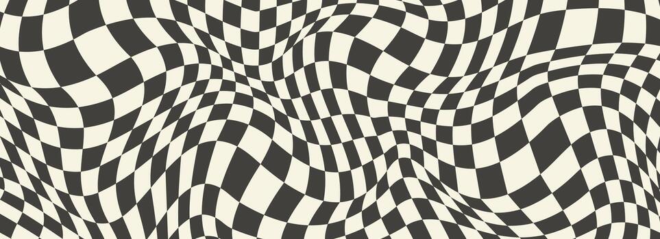 trippy psicodélico tablero de damas antecedentes. retro a cuadros fondo de pantalla. ondulado maravilloso tablero de ajedrez superficie. distorsionado geométrico cuadrícula ajedrez modelo. resumen antiguo deformado bandera fondo. vector