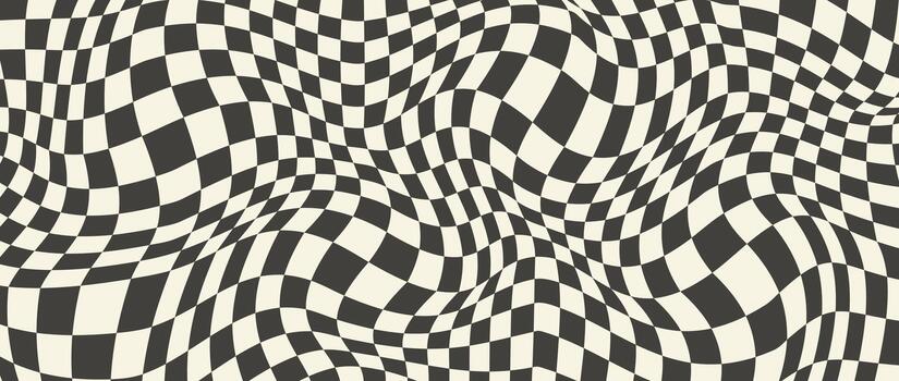 trippy tablero de damas antecedentes. retro psicodélico a cuadros fondo de pantalla. ondulado maravilloso tablero de ajedrez superficie. distorsionado geométrico cuadrícula ajedrez modelo. resumen antiguo deformado bandera fondo. vector