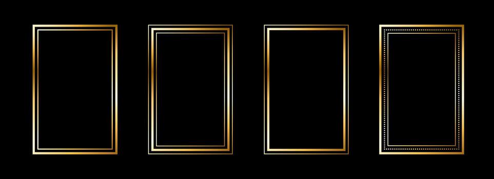 Gold thin rectangle frame set. Shining gold square borders in art deco style. Thin linear rectangular cadre collection. Yellow glowing shiny boarder element pack for photo, poster, card vector