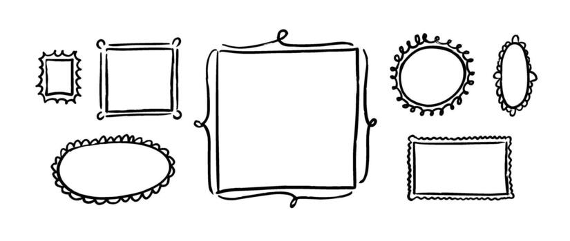Doodled picture frame gallery collection. Hand drawn photo and image border set. Sketched mood board collage template. Memory wall composition idea. Scribbled art frame layout arrangement. vector
