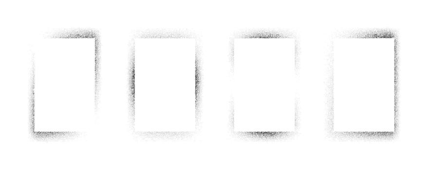 Sprayed noise frame collection. Black dotted grain rectangle border set. Black stipple gradient boarder bundle for text box, banner, poster, template. Rough spray stencil graffiti effect frames vector