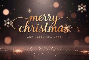 elegant gyllene glad jul och Lycklig ny år lyckönskningar på en mörk bakgrund med bokeh lampor och snöflingor skapande en festlig och glad humör video