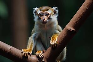 adorabile giovanile scimmia arroccato su un' albero ramo nel un' lussureggiante giungla ambiente guardare direttamente a il telecamera con un' curioso e innocente espressione video