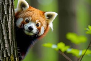 Curious red panda peering from behind a tree in a lush green forest creating a sense of wonder and discovery in its natural habitat video