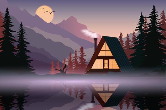 A tranquil scene captures a cozy cabin beside a calm lake at dusk. The mountains tower in the background, with mist rising from the water and a warm glow from the cabin windows vector