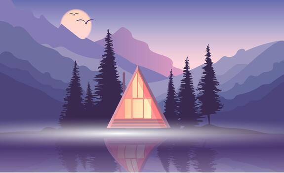 This tranquil scene features a cozy cabin nestled among tall pine trees. The mountain backdrop is illuminated by a soft pastel sunset, creating serene reflections in calm water vector