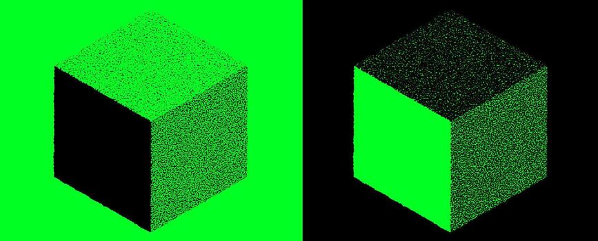Isometric Cube with Stippled Halftone Texture Effect in Neon Green on Contrasting Black Background vector
