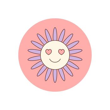 Groovy round flower sticker with heart in retro y2k style. Pink smile graphic in a circle as a playful seal or lid for package label, perfect for adding fun to modern product design. vector