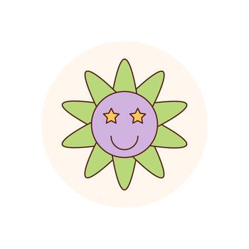 Groovy cute flower with happy smile and retro circle shape in y2k style sticker. Cheerful sticker or label as patch for package lid adds positive graphic touch to any box or product. vector